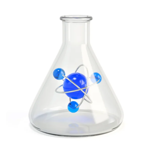 Conceito científico. Frasco de laboratório cónico com símbolo de modelo atómico Imagem De Stock