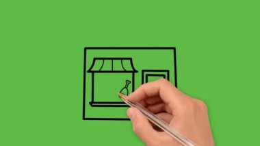 Yeşil arka planda beyaz ve siyah renk kombinasyonu olan bir tavuk dükkanı çizmek