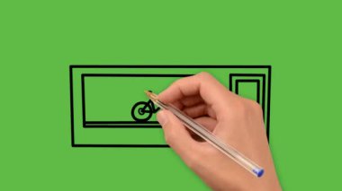 Yeşil arkaplanda mavi ve siyah renk kombinasyonlu bir bisiklet mağazası çizimi