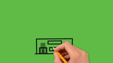 Yeşil arkaplanda beyaz renkli bir bina çizimi