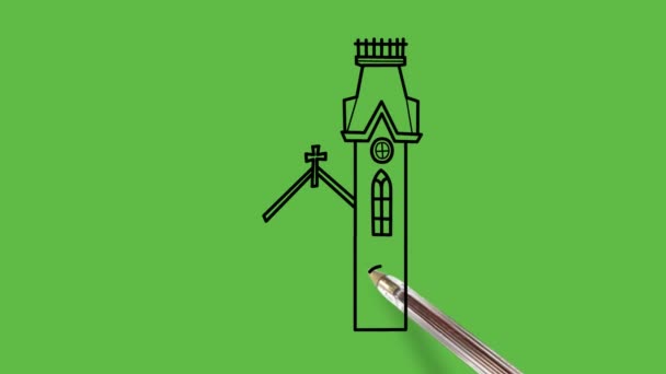 Rysunek Sztuki Świątyni Białą Czarną Kombinacją Kolorów Zielonym Tle — Wideo stockowe