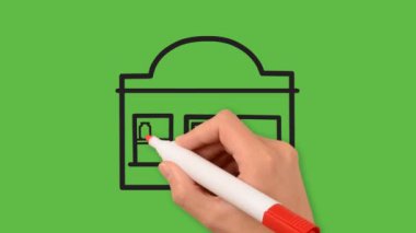 Yeşil arkaplanda siyah ve mavi renk kombinasyonlu bir dükkan çizimi