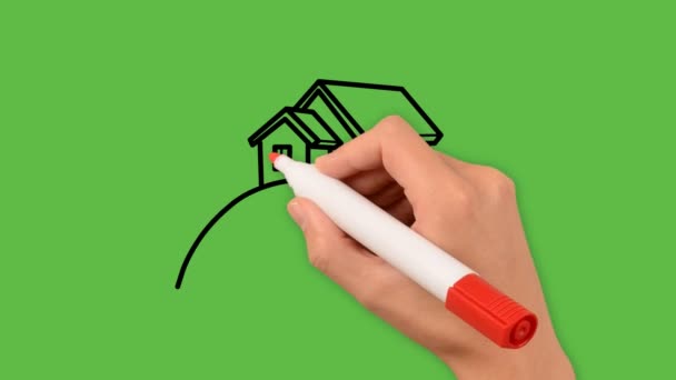 Rysunek Domu Sztuką Drogową Kombinacją Kolorów Zielonym Tle — Wideo stockowe