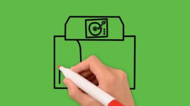 Yeşil arkaplanda siyah ve mavi renk kombinasyonlu bir müzik istasyonu çizimi