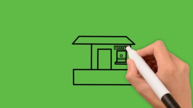 Yeşil arkaplanda siyah ve mavi renk kombinasyonlu bir tren mağazası çizimi