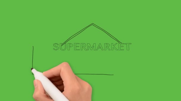 Kreslení Supermarket Stavební Umění Kombinací Barev Zeleném Pozadí — Stock video