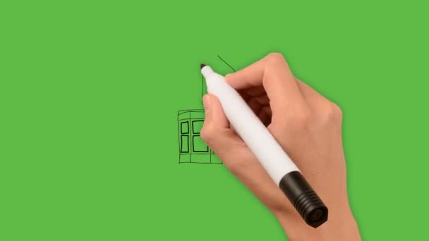 Tekening Een Groot Huis Gebouw Kunst Met Kleurencombinatie Groene Achtergrond — Stockvideo