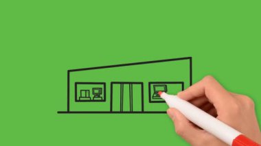 Yeşil arkaplanda renk kombinasyonlu bir teknoloji mağazası çizimi
