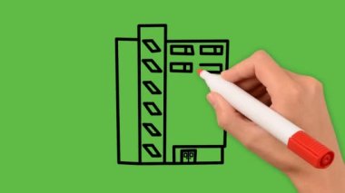 Yeşil arkaplanda renk kombinasyonlu bir ofis binası çizimi