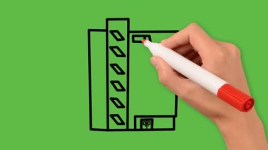 Yeşil arka planda siyah ve mavi renk kombinasyonlu bir ofis binası çizimi