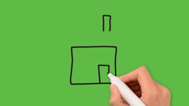Zeichnung Eines Kleinen Hauses Mit Farbkombination Auf Grünem Hintergrund — Stockvideo