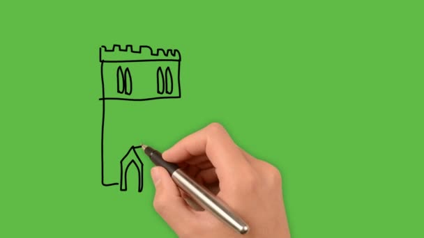 Tekening Een Groot Huis Kunst Met Kleurencombinatie Groene Achtergrond — Stockvideo