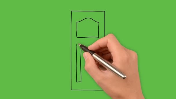 Kreslení Dřevěné Dveře Umění Kombinací Barev Zeleném Pozadí — Stock video