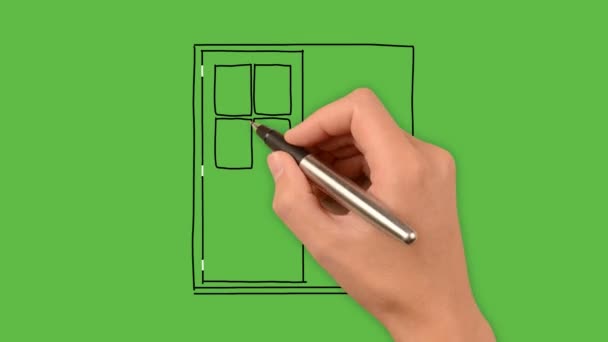 Rysunek Drewniane Drzwi Sztuki Kombinacją Kolorów Zielonym Tle — Wideo stockowe
