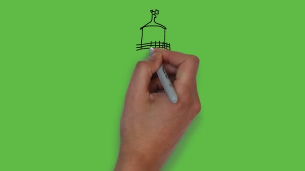 緑の背景に色の組み合わせで大きな建築家の家の芸術を描き — ストック動画