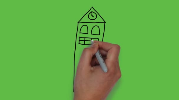 Drawing Big Building Art Color Combination Green Background — Stock Video