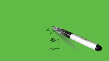 Soyut yeşil arka planda siyah ve mavi renkli bir sıcak hava balonu çiziliyor