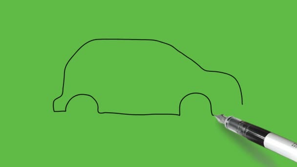 抽象的な緑の背景に黒と色の組み合わせで乗用車を描く — ストック動画