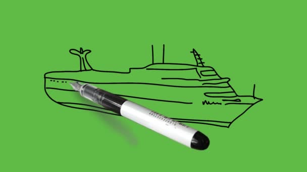抽象的な緑の背景に黒と青の組み合わせで海の船を描く — ストック動画