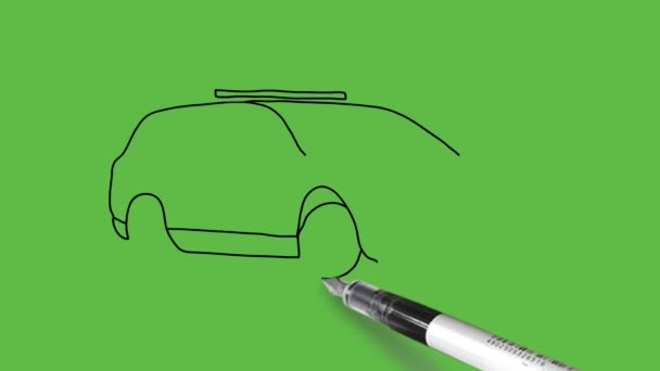Tekening Van Een Personenauto Met Zwart Kleurencombinatie Abstracte Groene Achtergrond — Stockvideo