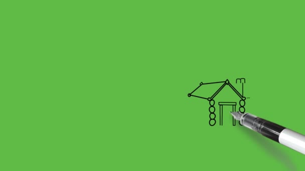抽象的な緑の背景に青と黒の組み合わせで丘陵地に小屋を描く — ストック動画
