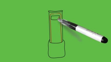 Soyut yeşil arkaplanda kırmızı ve kahverengi renkli bir pil çiziliyor