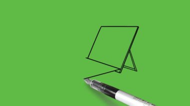 Soyut yeşil arkaplanda siyah ve gri renkli bir dizüstü bilgisayar çiziliyor