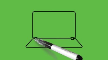 Soyut yeşil arkaplanda siyah ve mavi renkli bir dizüstü bilgisayar çiziliyor