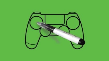 Soyut yeşil arkaplanda siyah, mavi ve gri renkli bir video oyunu kumandası çiziliyor