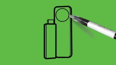 Soyut yeşil arkaplanda siyah ve mavi renkli bir hoparlör çiziliyor