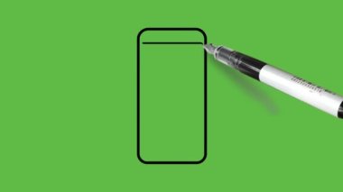 Soyut yeşil arkaplanda siyah, gri ve mavi renkli bir cep telefonu çiziliyor