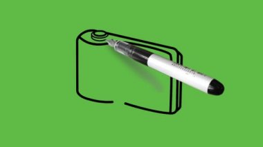 Soyut yeşil arkaplanda siyah, gri, beyaz ve mavi renk kombinasyonlu küçük kamera çiziliyor