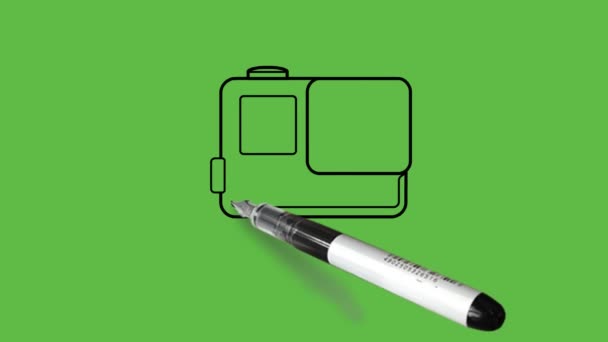 Tekening Camera Met Zwart Grijs Wit Kleurencombinatie Abstracte Groene Achtergrond — Stockvideo