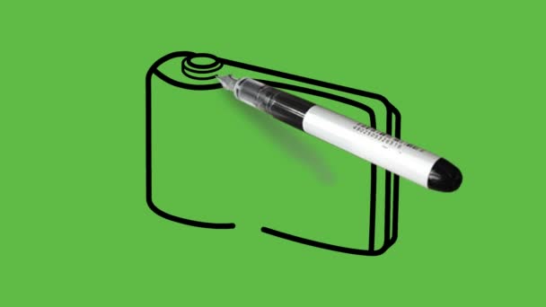 Disegno Piccola Fotocamera Con Combinazione Colori Nero Blu Sfondo Verde — Video Stock