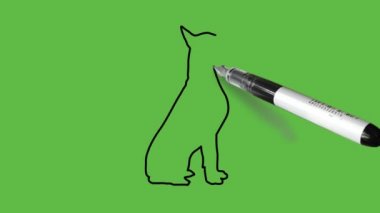 Soyut yeşil arkaplanda siyah, kahverengi, gri ve beyaz renkli aktif bir köpek çiziliyor