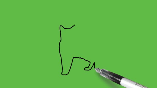 ピンク グレーの色の組み合わせで立っている猫を抽象的な緑の背景に描きます — ストック動画