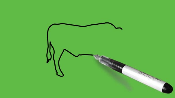 牛を黒 ピンク 灰色の組み合わせで抽象的な緑の背景に描く — ストック動画