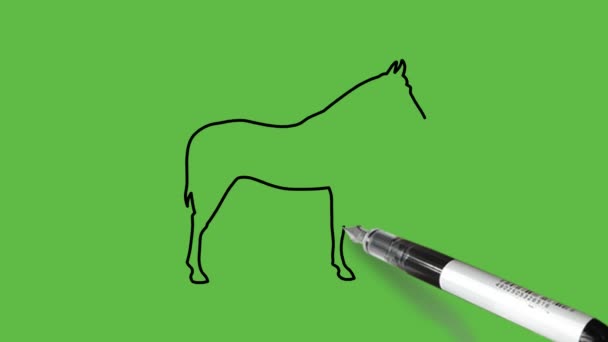 Fekete, barna, narancs és fehér színű ló rajzolása elvont zöld háttérrel