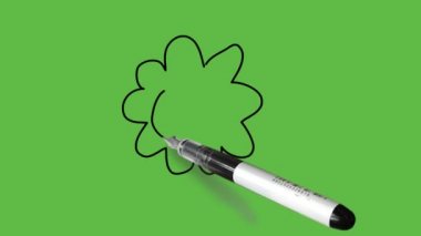 Soyut yeşil arkaplanda siyah, turuncu, kahverengi ve beyaz renkli bir aslan çiziyor.