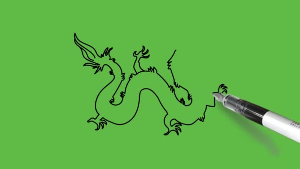抽象的な緑の背景に黒 グレー 白の組み合わせで龍を描く — ストック動画