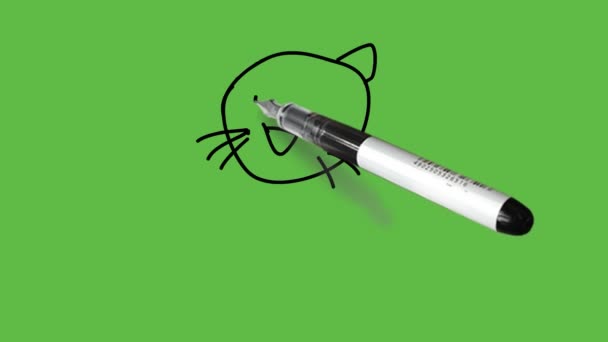 Drawing a small pussy cat in black, yellow, white and red colour combination on abstract green background