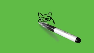 Siyah, kahverengi, gri, pembe, mavi ve beyaz renklerde soyut yeşil arka planda şişman bir kedi çiziyor