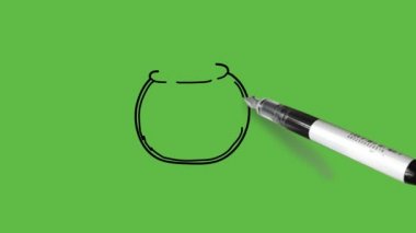 Soyut yeşil arka planda siyah, kahverengi, gri, pembe ve beyaz renkli yuvarlak akvaryumlu bir kedi çizmek