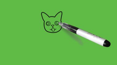 Soyut yeşil arka planda siyah, kahverengi, pembe, yeşil ve beyaz renkli komik bir kedi çizmek