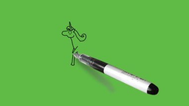 Siyah, gri, pembe, kırmızı renkte uzun renkli bir hayvan yapıyor. Sade yeşil ekran arkaplanda mavi, turuncu ve beyaz renk kombinasyonu