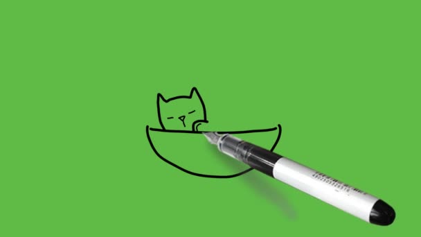 グレー 白の色の組み合わせで 抽象的な緑の背景に茶色のフルーツボウルに眠っている猫を描く — ストック動画
