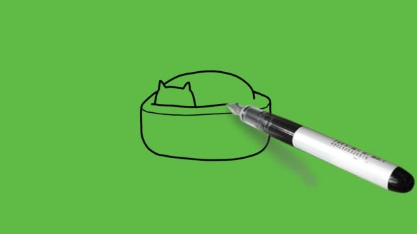 Dessiner Chat Dans Lavabo Noir Gris Blanc Sur Fond Vert — Video