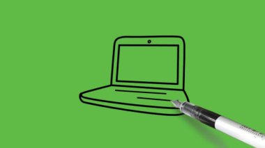 Soyut yeşil arkaplanda siyah ve mavi renkli dizüstü bilgisayar ve bardak çizimi