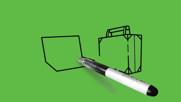 在抽象的绿色背景上 用黑色 棕色和蓝色组合 画出装有手提箱和心形杯的笔记本电脑 — 图库视频影像