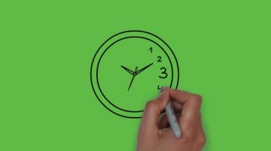 Soyut yeşil ekran arkaplanı üzerinde siyah, gri ve açık gri renkli duvar saati çizimi